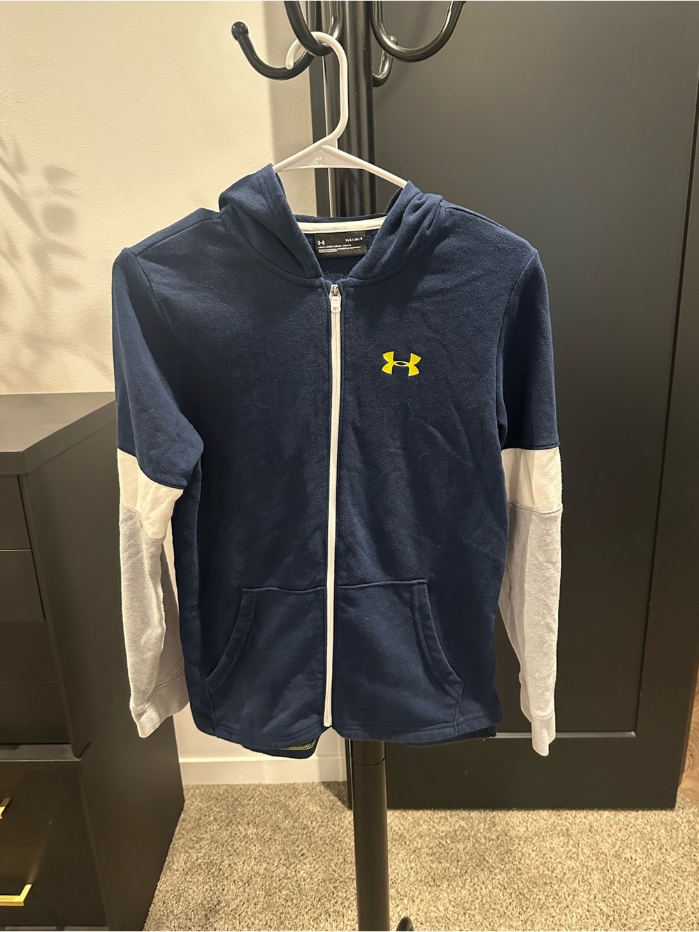 Under Armour Navy Zip Hoodie with White Sleeves and Yellow Logo